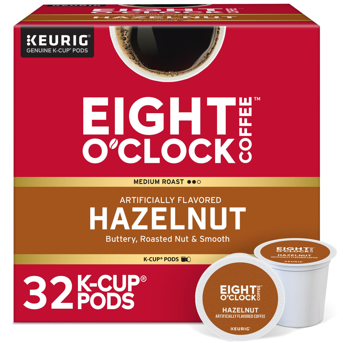 Eight O'Clock Coffee Hazelnut K-Cup Pods – Medium Roast, 32-Count | Kosher, Arabica, Keurig Compatible