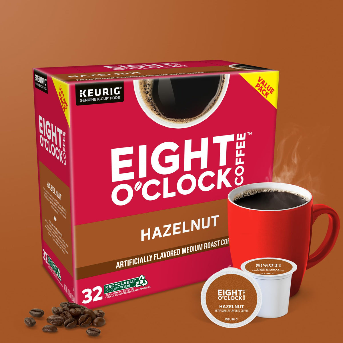 Eight O'Clock Coffee Hazelnut K-Cup Pods – Medium Roast, 32-Count | Kosher, Arabica, Keurig Compatible