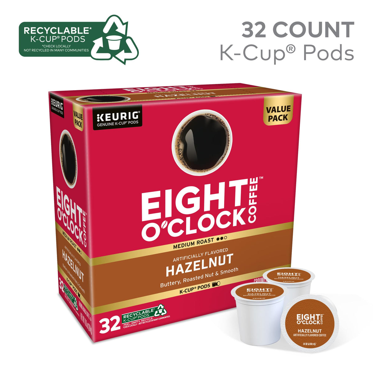 Eight O'Clock Coffee Hazelnut K-Cup Pods – Medium Roast, 32-Count | Kosher, Arabica, Keurig Compatible