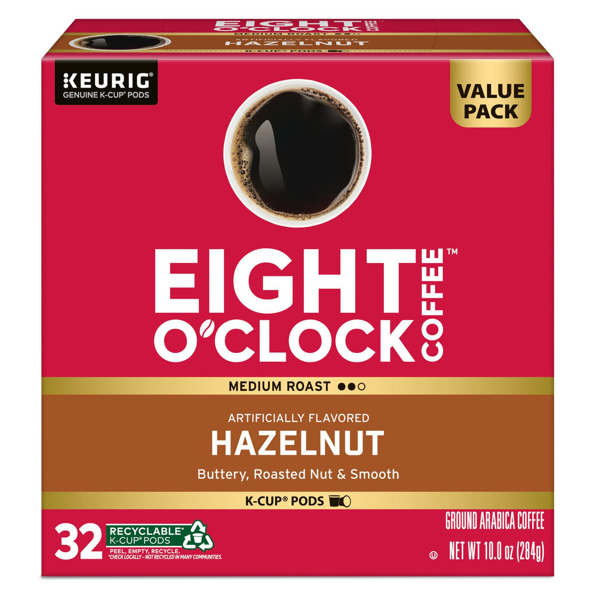 Eight O'Clock Coffee Hazelnut K-Cup Pods – Medium Roast, 32-Count | Kosher, Arabica, Keurig Compatible