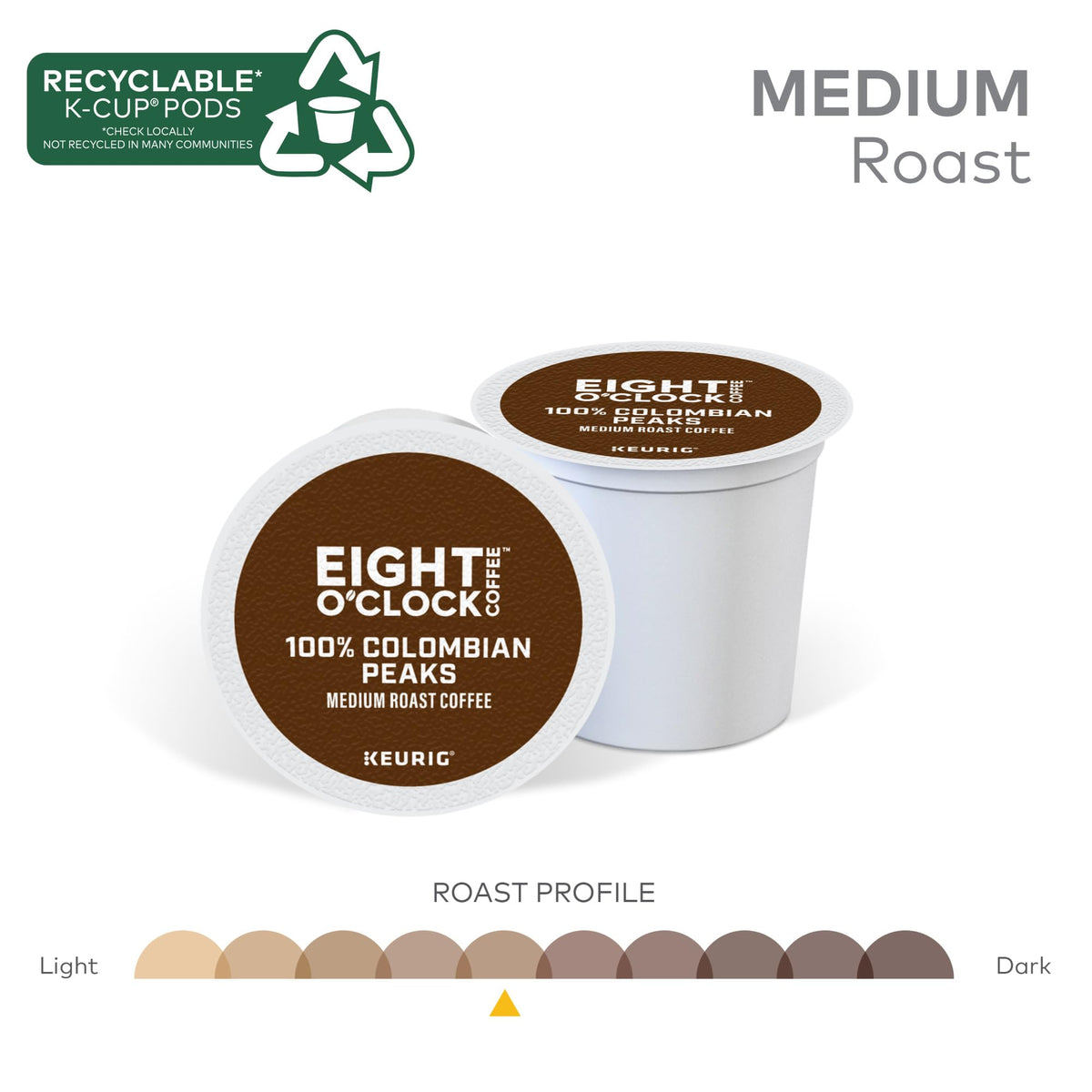 Eight O'Clock Colombian Peaks K-Cup Pods — Medium Roast, 32 Count | 100% Arabica, Kosher