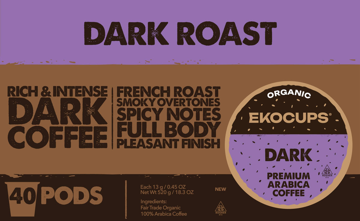 EKOCUPS Organic Dark Roast Coffee Pods - USDA Organic & Fair Trade, Recyclable Keurig Capsules (Box of 40)