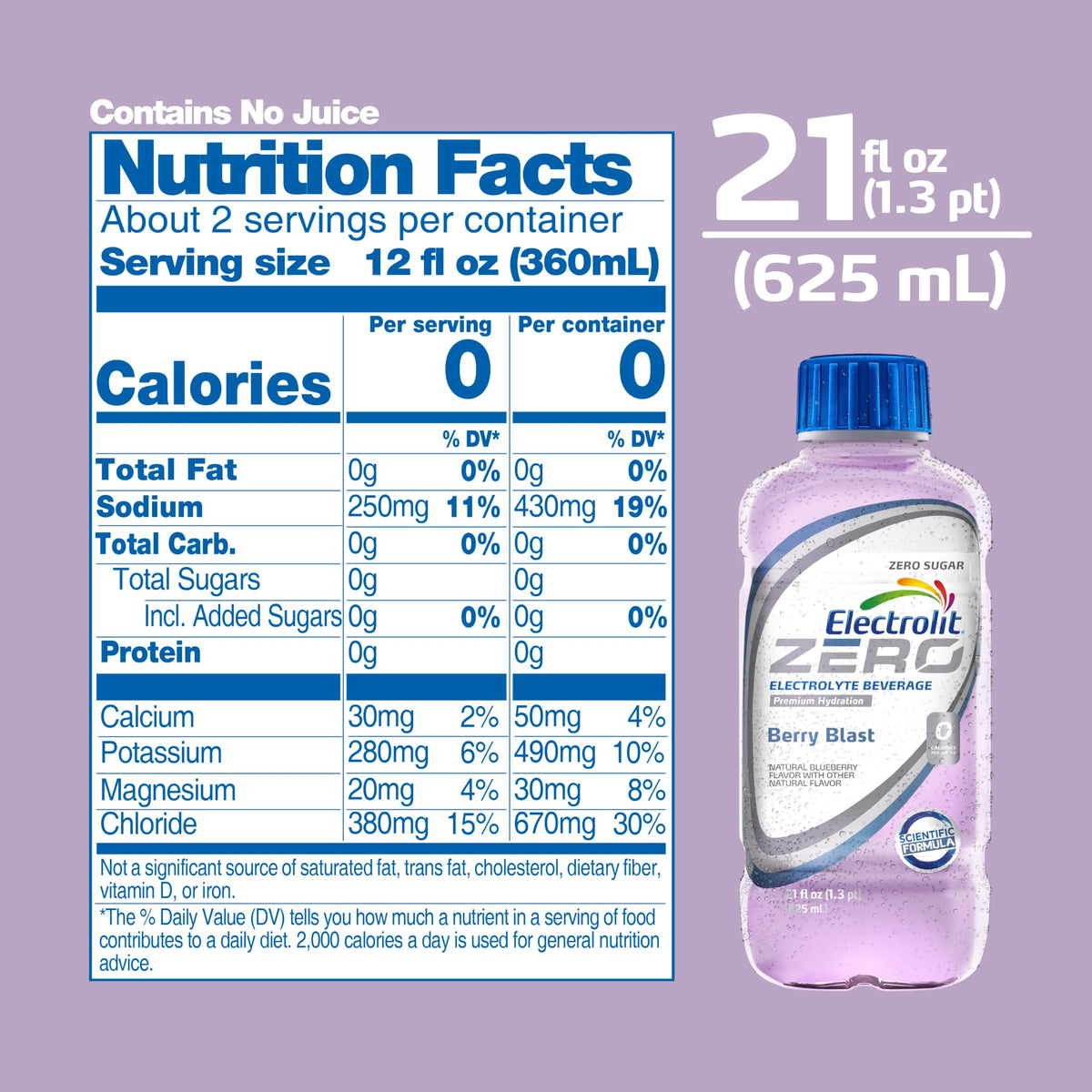 Electrolit Zero Berry Blast Electrolyte Beverage — 21 Fl Oz Bottle (Pack of 12)