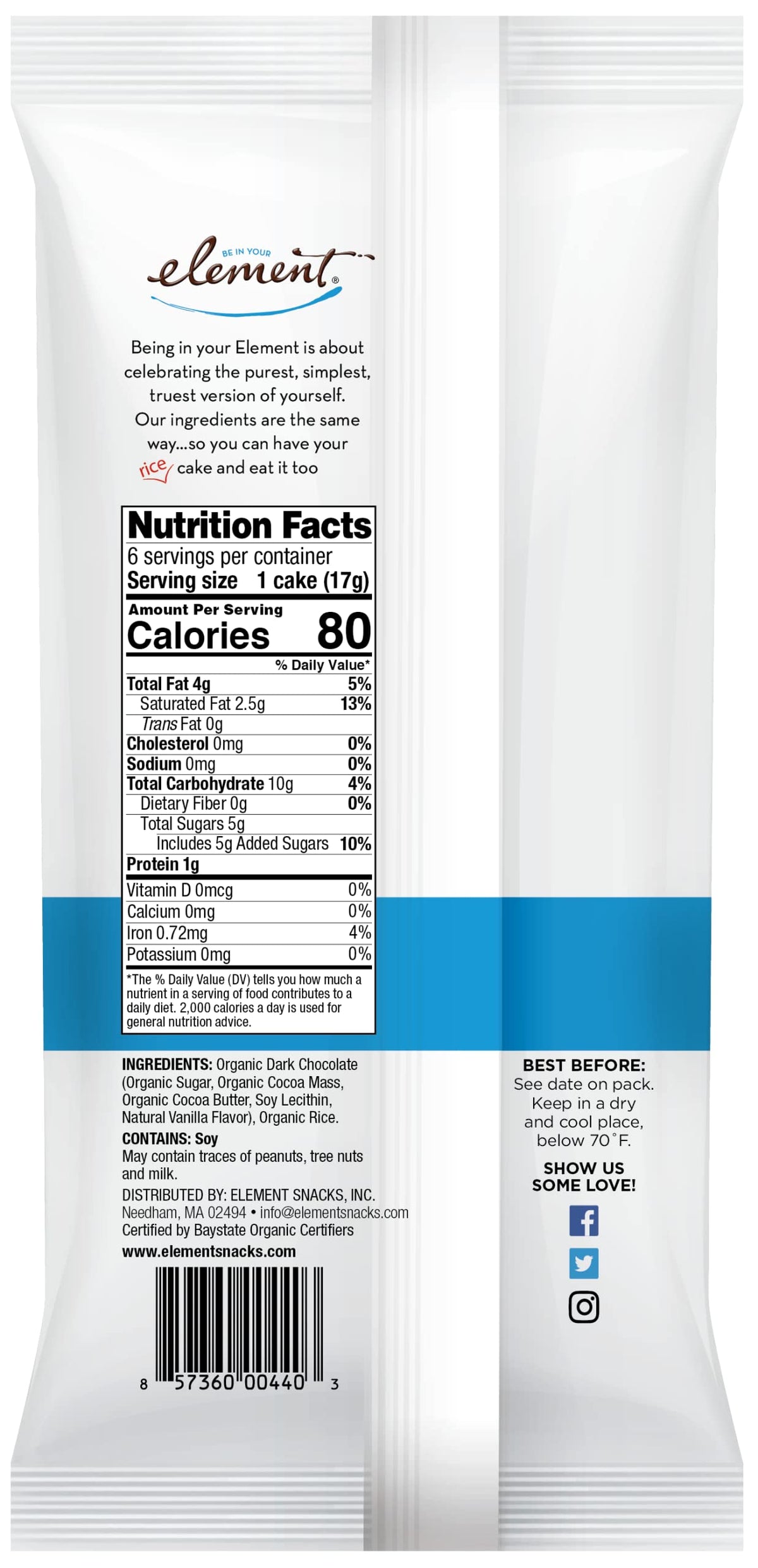 ELEMENT Snacks: Dark Chocolate Topped Rice Cakes (Pack of 6) – Organic, Gluten-Free, Kosher