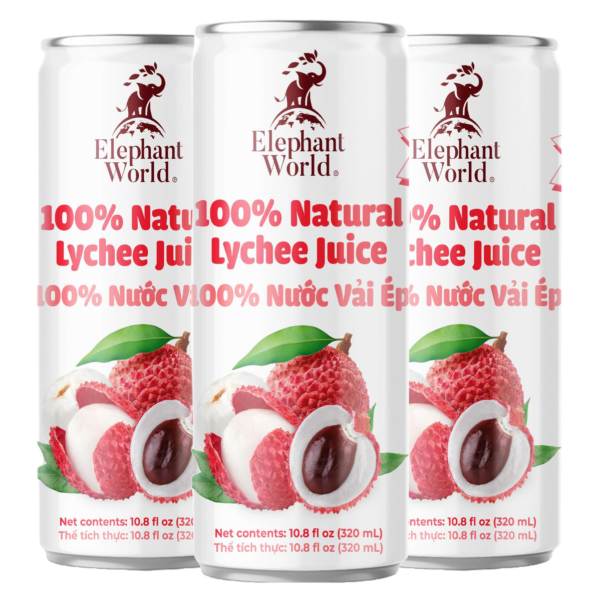 Elephant World 100% Natural Lychee Juice | Non-GMO | 12-Pack, 320 ml | No Sugar Added