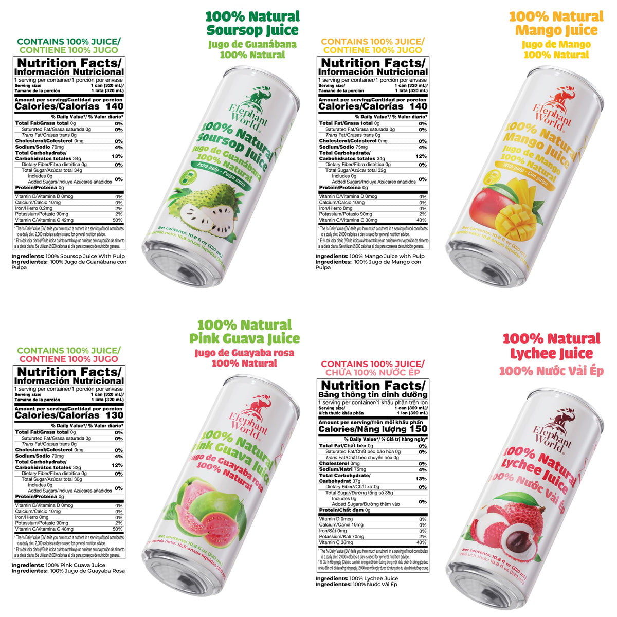 ELEPHANT WORLD 100% Natural Juices – Assorted Superfruits (Soursop, Mango, Guava, Lychee) 12x320ml