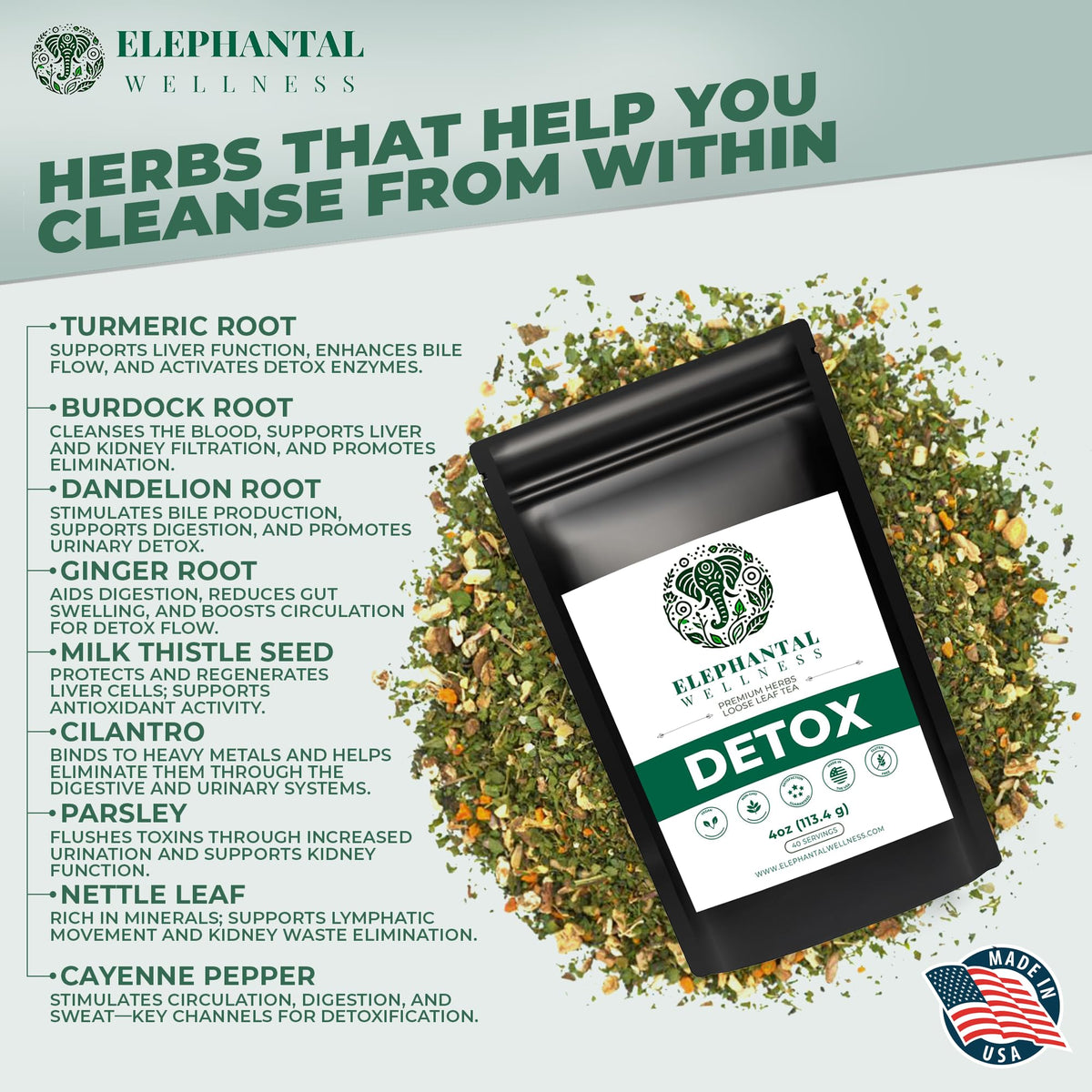 Elephantal Wellness Premium Detox Tea | Turmeric, Milk Thistle & Dandelion | 4oz, 40 Servings