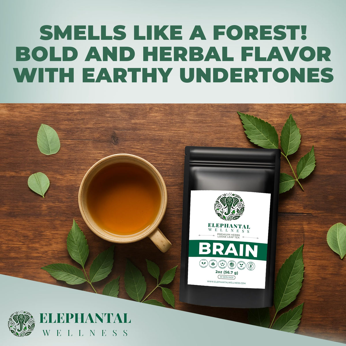 Elephantal Wellness Premium Brain Herbal Tea | Nootropic Focus, Caffeine-Free, Non-GMO (2oz, 20 Servings)
