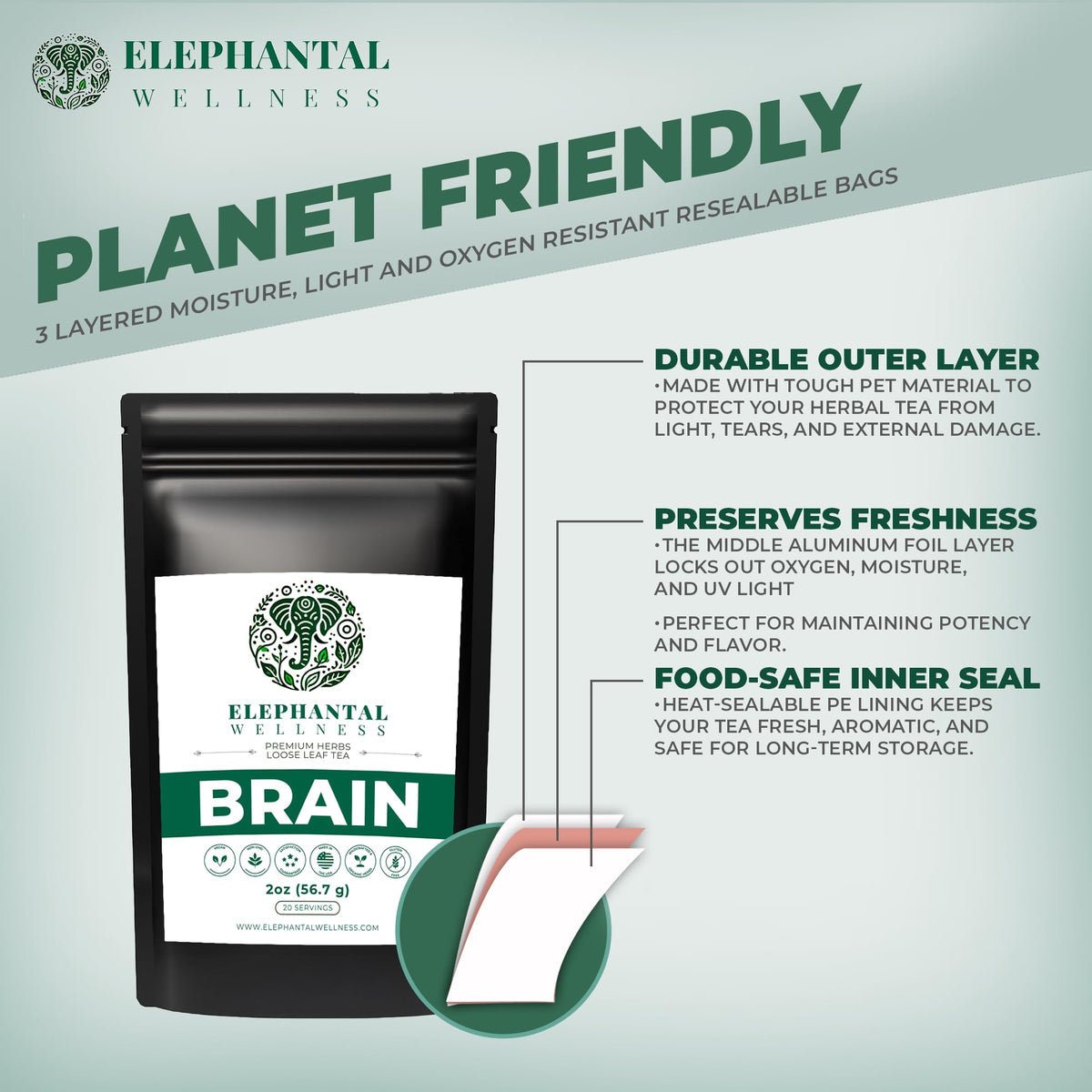 Elephantal Wellness Premium Brain Herbal Tea | Nootropic Focus, Caffeine-Free, Non-GMO (2oz, 20 Servings)