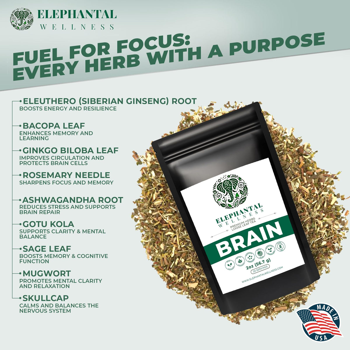 Elephantal Wellness Premium Brain Herbal Tea | Nootropic Focus, Caffeine-Free, Non-GMO (2oz, 20 Servings)