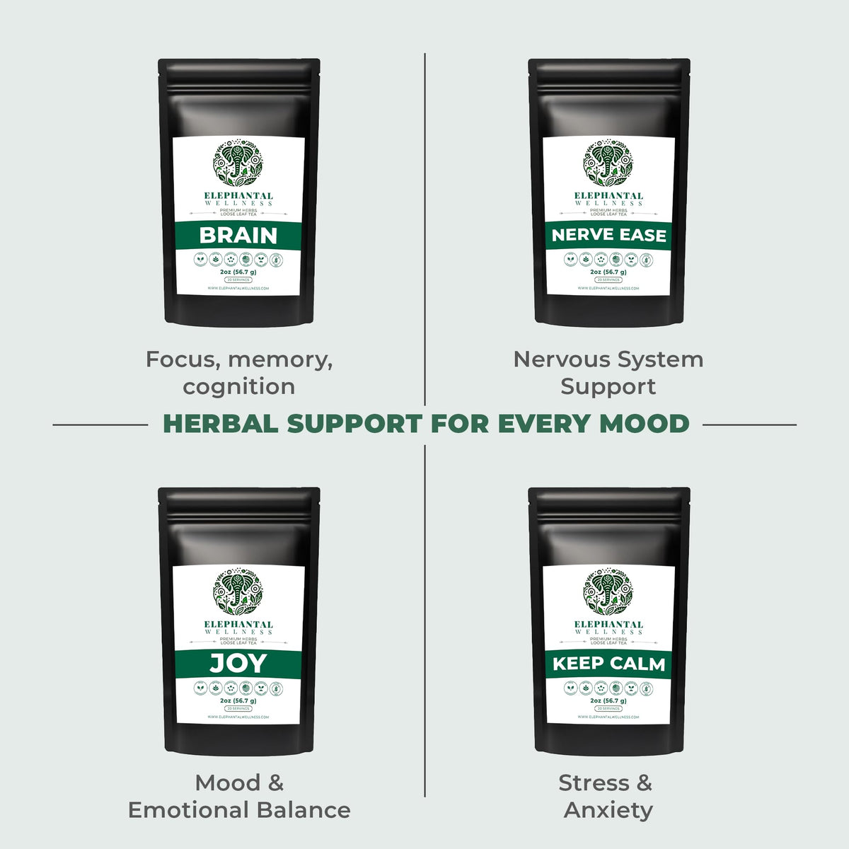 Elephantal Wellness Premium Brain Herbal Tea | Nootropic Focus, Caffeine-Free, Non-GMO (2oz, 20 Servings)
