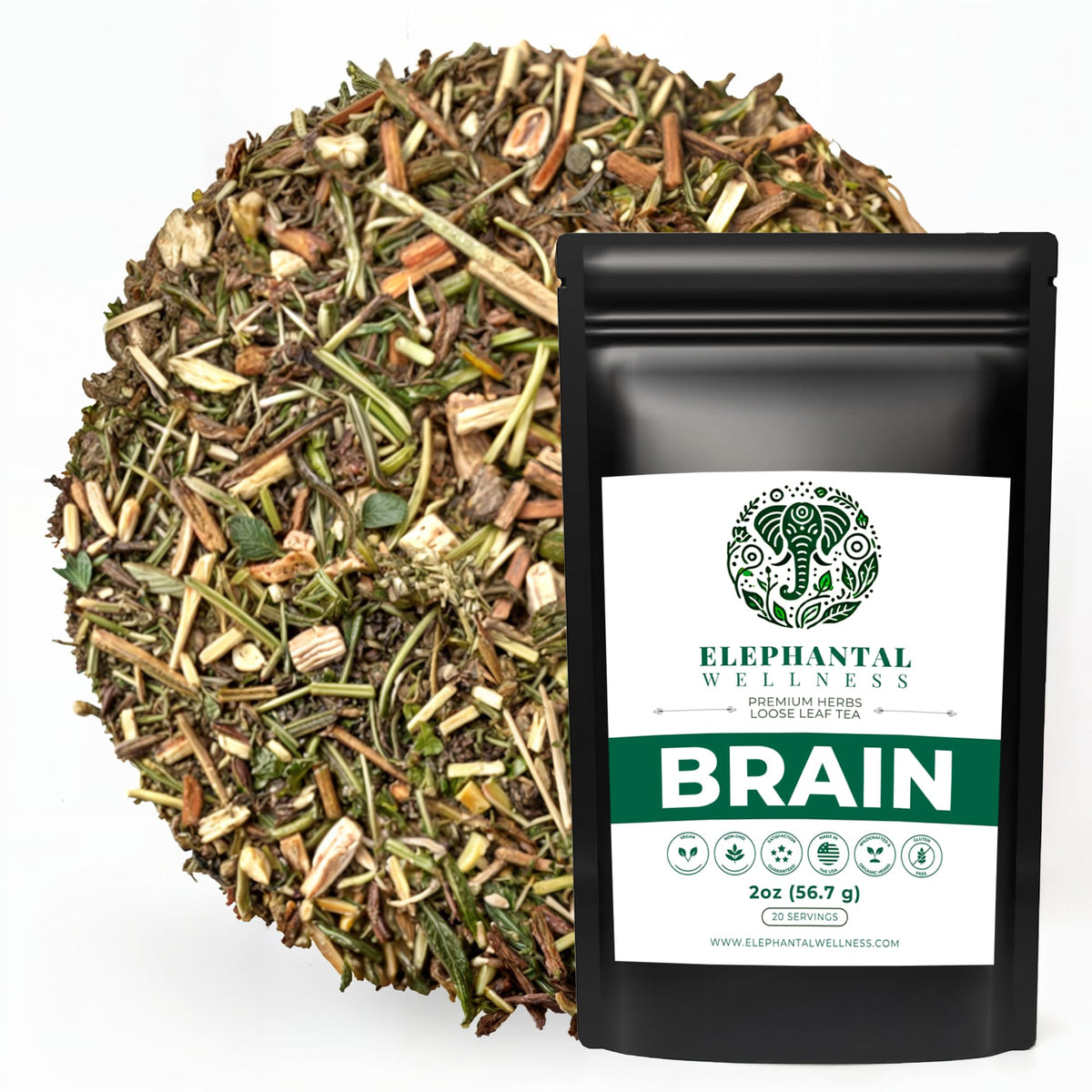 Elephantal Wellness Premium Brain Herbal Tea | Nootropic Focus, Caffeine-Free, Non-GMO (2oz, 20 Servings)