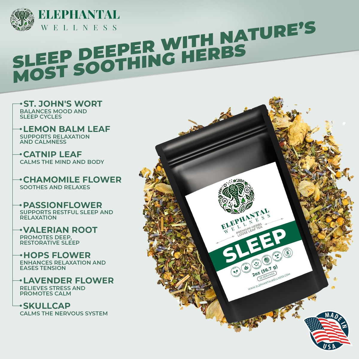 Elephantal Wellness Premium Sleep Herbal Tea | Deep Rest & Relaxation – Caffeine-Free, Non-GMO