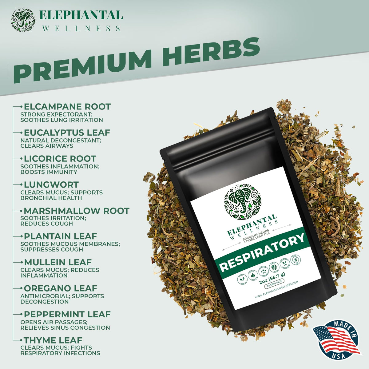 Elephantal Wellness Premium Respiratory Herbal Tea | Lung Detox, Mucus Cleansing & Breathing Support | 2oz Loose Leaf
