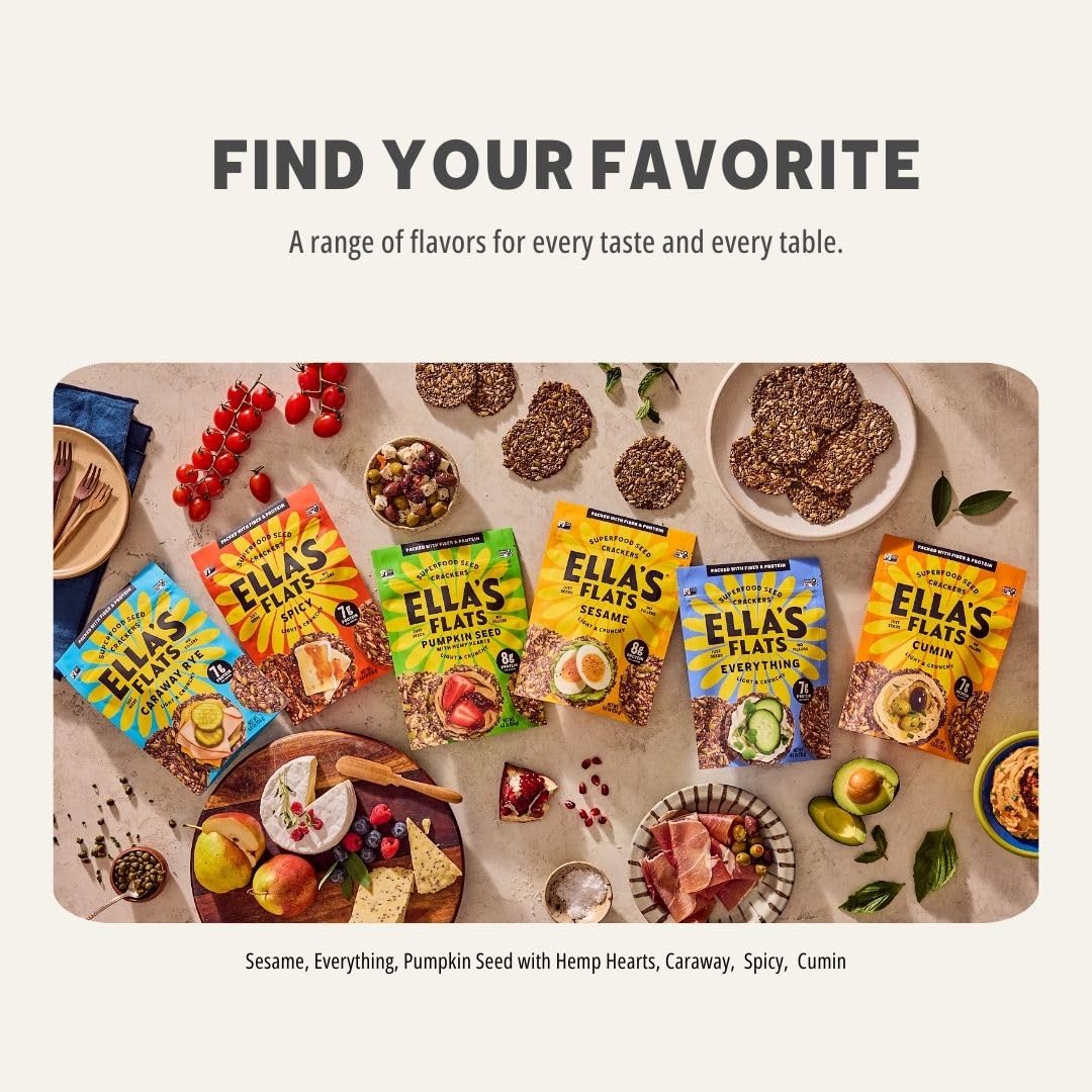 ELLA'S FLATS Everything Seed Savory Crisps – All Natural, Gluten Free, High Protein, High Fiber, Vegan & Keto Friendly (3 Pack)