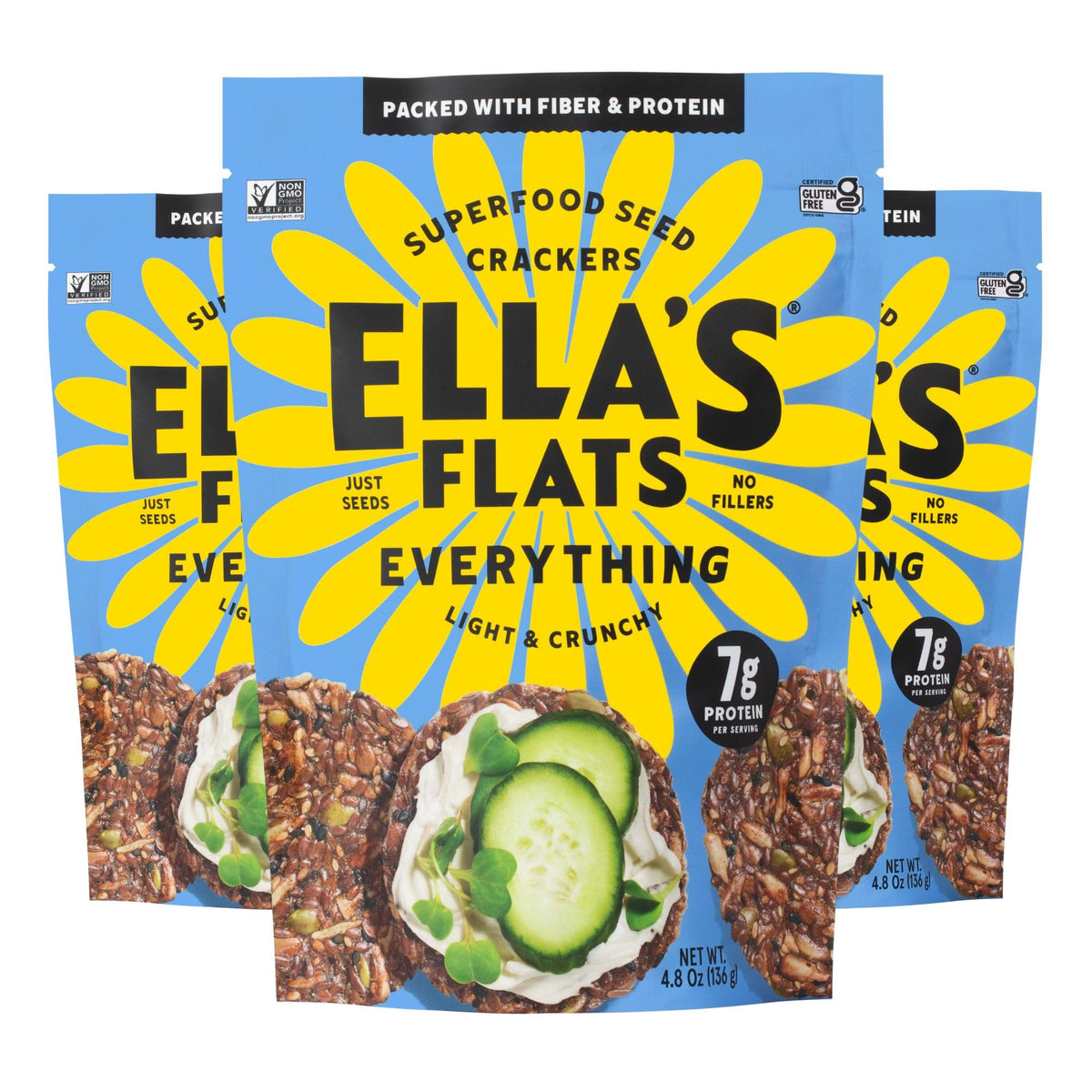 ELLA'S FLATS Everything Seed Savory Crisps – All Natural, Gluten Free, High Protein, High Fiber, Vegan & Keto Friendly (3 Pack)