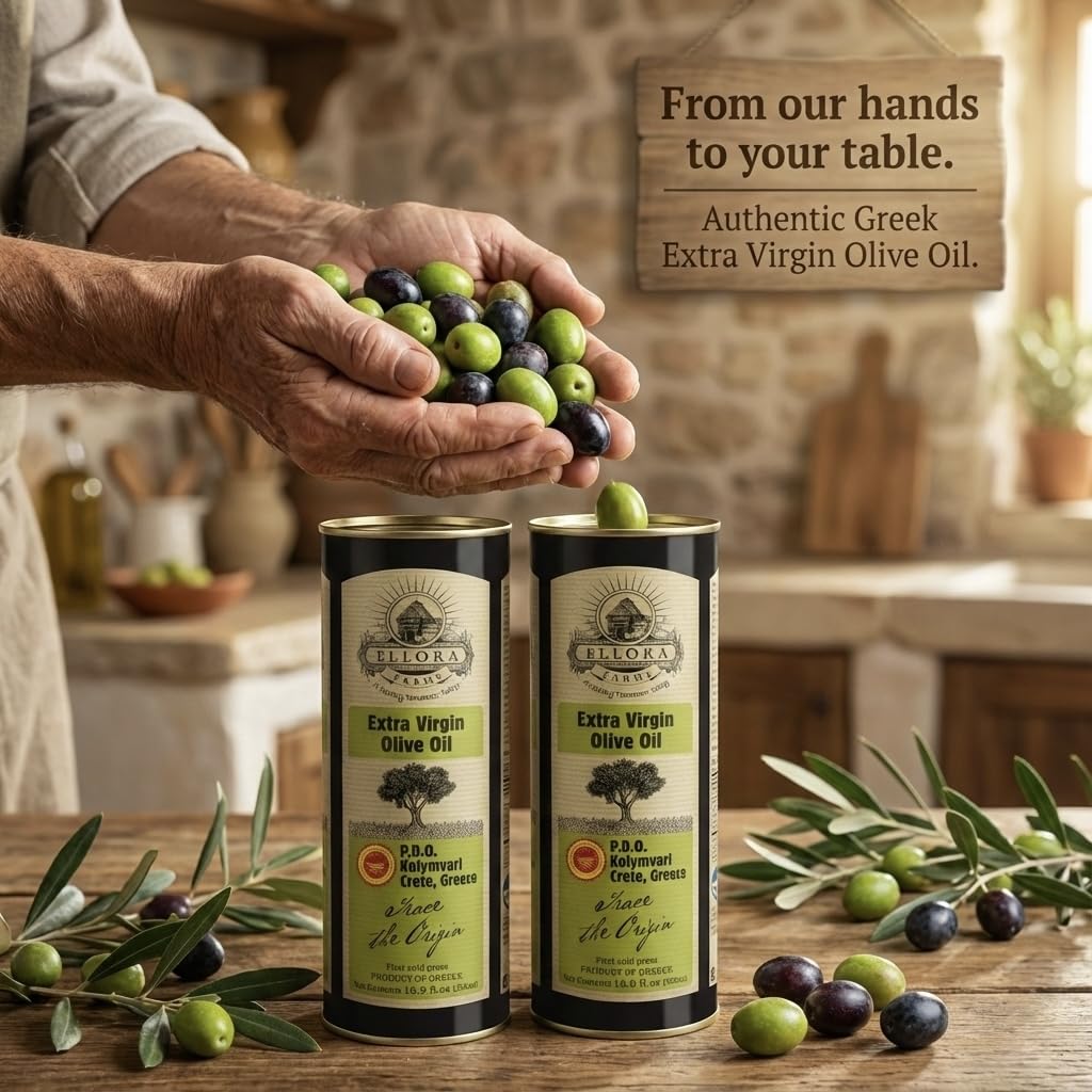 Ellora Farms Certified Extra Virgin Olive Oil – Single Estate PDO Crete | Traceable Greek EVOO (16.9 oz Tin)