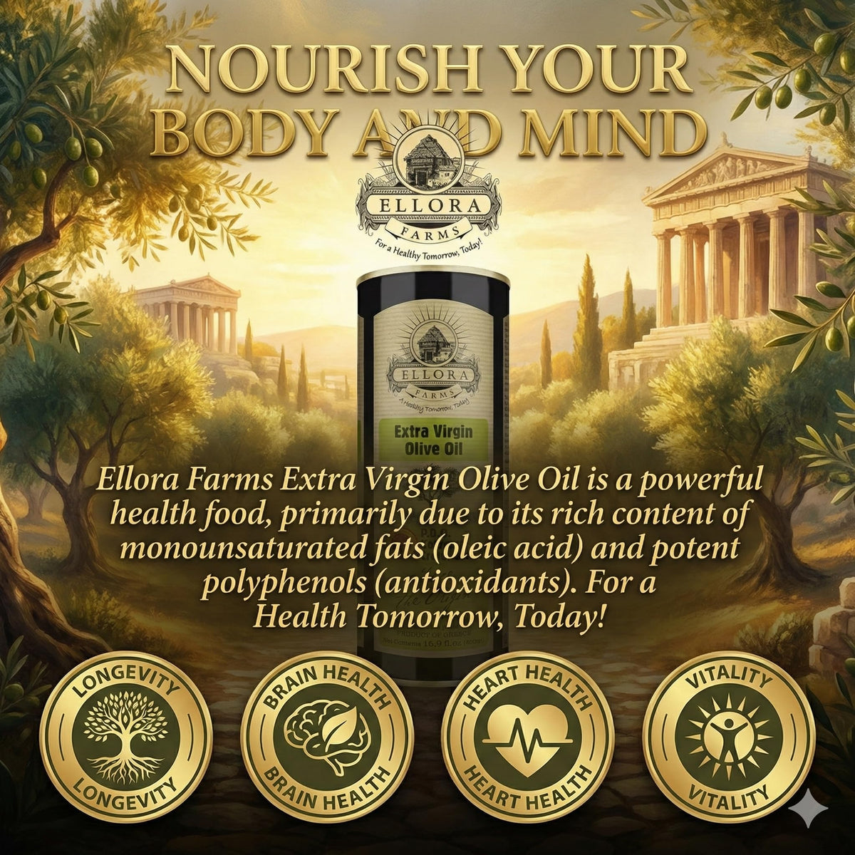 Ellora Farms Certified Extra Virgin Olive Oil – Single Estate PDO Crete | Traceable Greek EVOO (16.9 oz Tin)