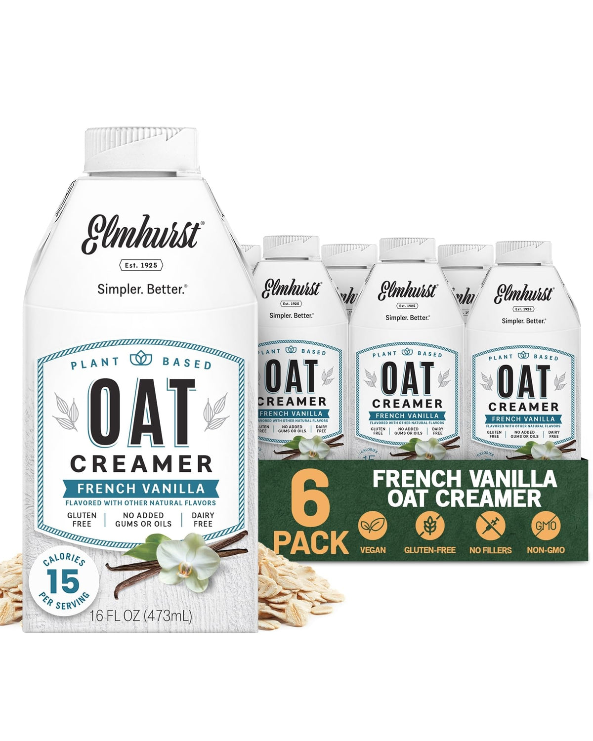 Elmhurst 1925 French Vanilla Oat Creamer – Dairy-Free, Low Sugar, Shelf-Stable (6 Pack)