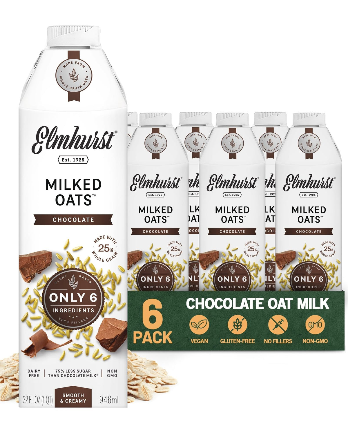 Elmhurst 1925 Chocolate Oat Milk - 32 oz (Pack of 6) Dairy-Free, Vegan, Gluten-Free