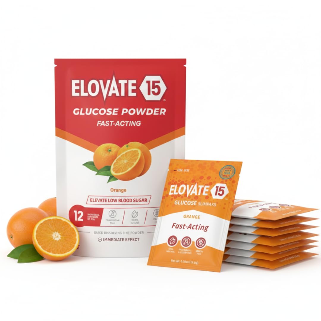 Elovate 15 Fast Acting Glucose Packets – Orange, 15g Dextrose, Waterproof SlimPaks (12 Pack)
