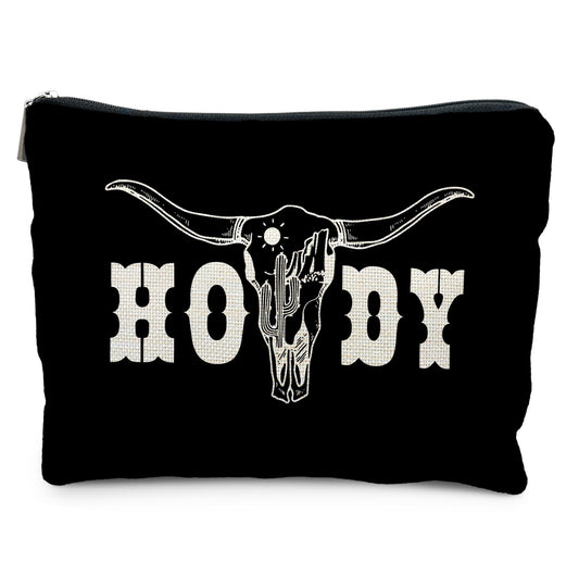 Elpwk Boho Western Howdy Makeup Bag for Women, Southwestern Cowboy Cow Skull Cactus Cosmetic Bags,Gifts for For Mom Friends Teen Girl & Women, Black Western Zipper Makeup Pouch for Purse