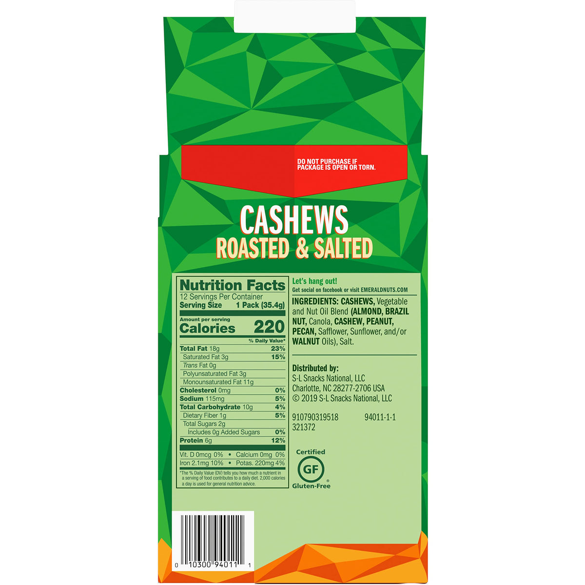 Emerald Nuts Roasted & Salted Cashews, 12 Ct – Plant-Based Protein, Kosher, Non-GMO