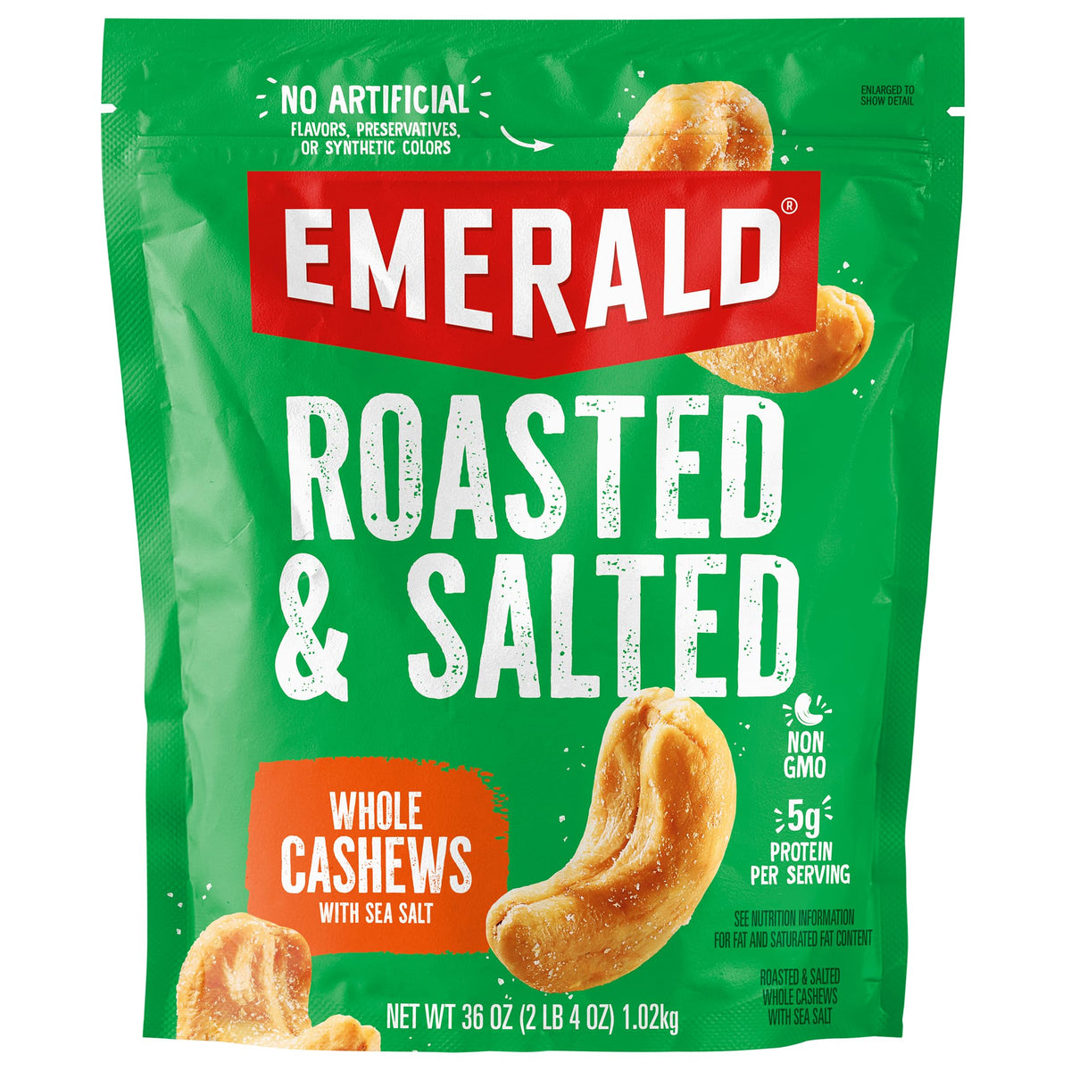 Emerald Roasted & Salted Whole Cashews (1-Pack) – 36oz Resealable Bulk Bag | Kosher, Non-GMO, Plant-Based Protein