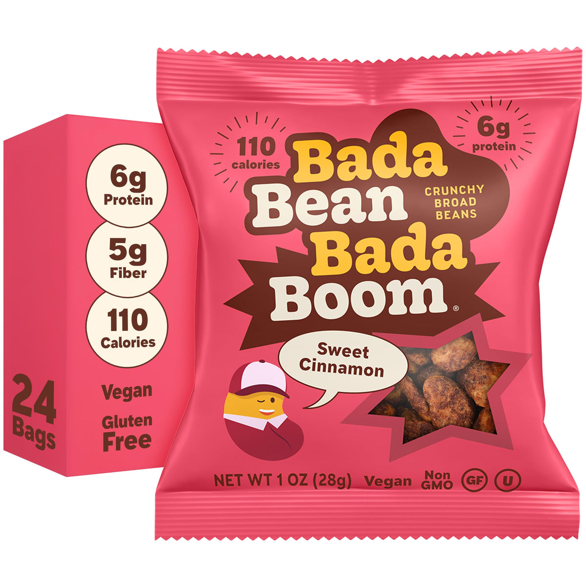 Enlightened Bada Bean Bada Boom Cinnamon — Plant-Based Protein Snack, Gluten-Free Vegan Crunch, 1 oz Bags (24 Pack)