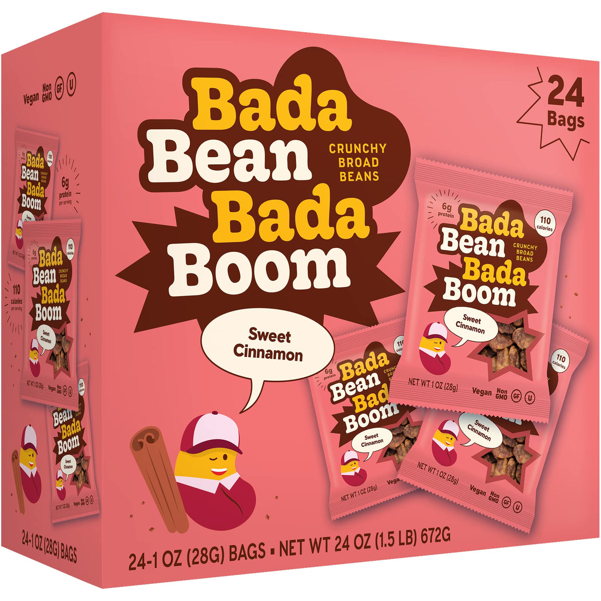 Enlightened Bada Bean Bada Boom Cinnamon — Plant-Based Protein Snack, Gluten-Free Vegan Crunch, 1 oz Bags (24 Pack)