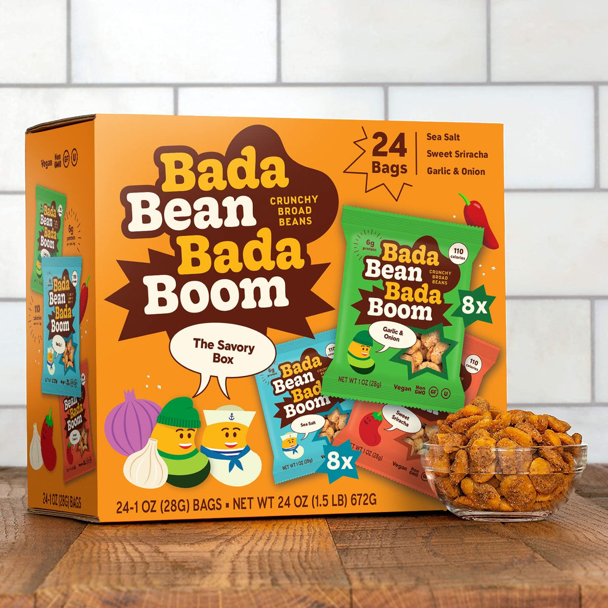 Enlightened Bada Bean Bada Boom Roasted Fava Beans – Crunchy Plant-Based Snack, 110 Calories, 1 oz Pack of 24