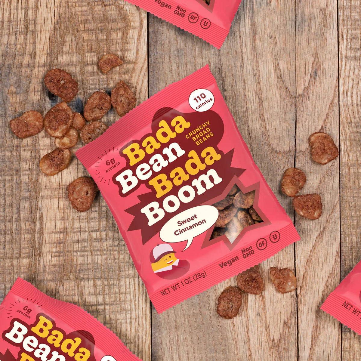Enlightened Bada Bean Bada Boom Cinnamon — Plant-Based Protein Snack, Gluten-Free Vegan Crunch, 1 oz Bags (24 Pack)