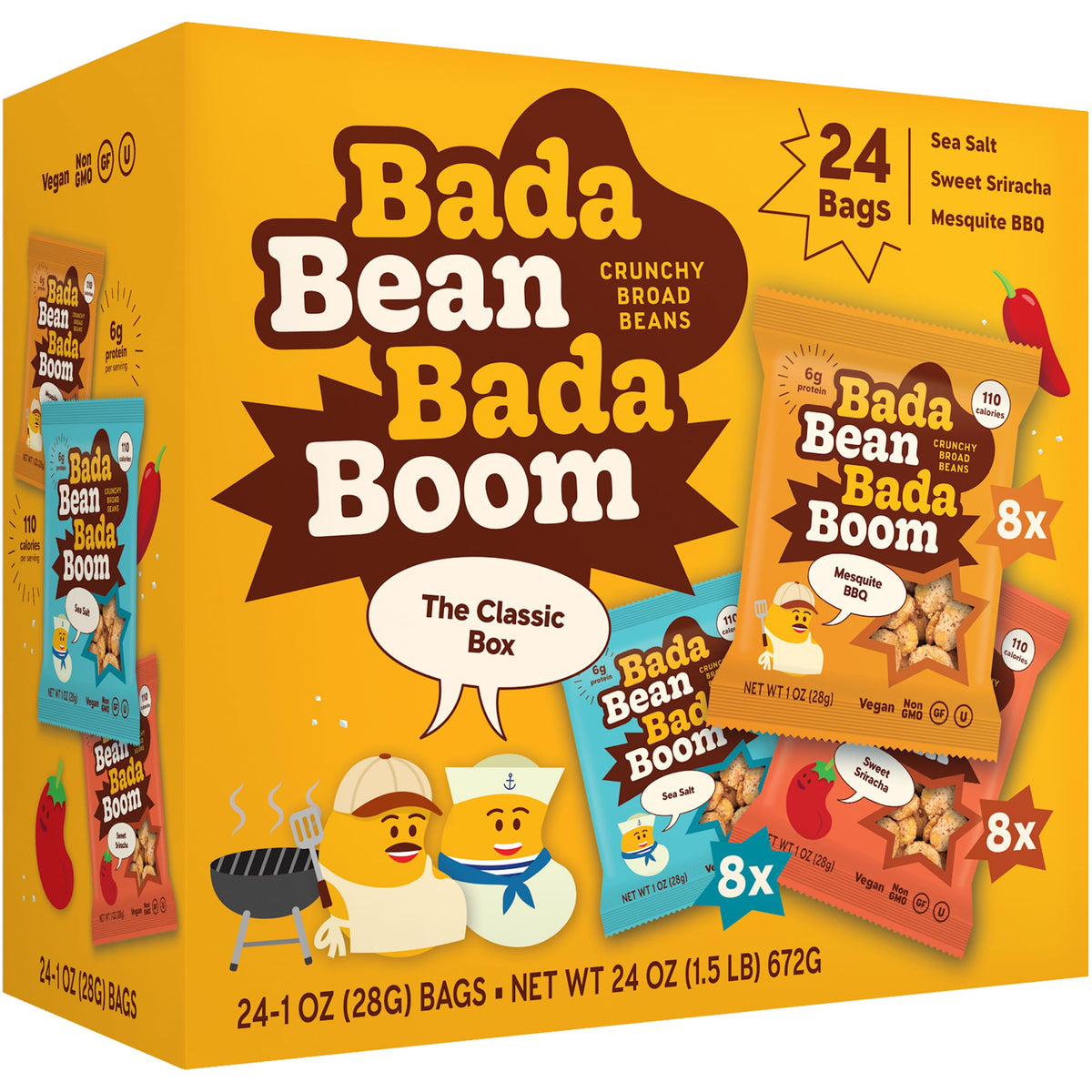 Enlightened Bada Bean Bada Boom – Plant-Based Fava Bean Snacks, 110 Cal per Serving, Gluten Free & Vegan, The Classic Box Variety Pack (24 x 1 oz)