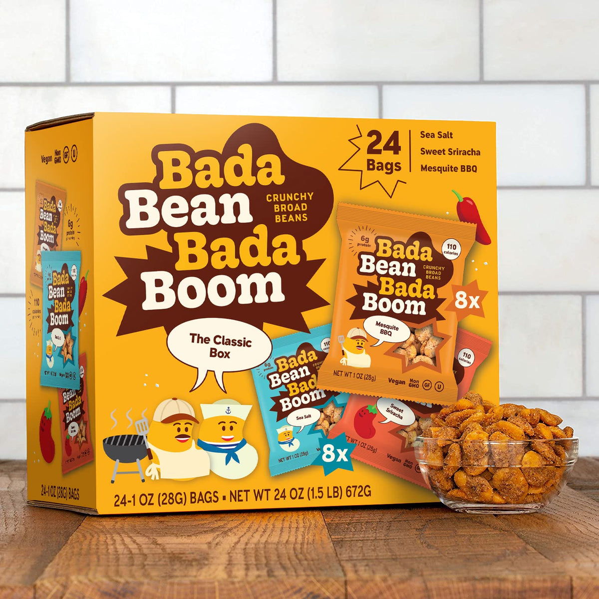 Enlightened Bada Bean Bada Boom – Plant-Based Fava Bean Snacks, 110 Cal per Serving, Gluten Free & Vegan, The Classic Box Variety Pack (24 x 1 oz)
