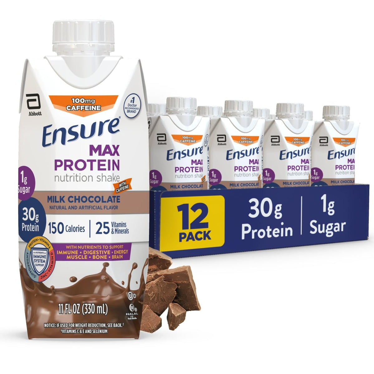 Ensure Max Protein Shake Milk Chocolate with Caffeine | 30g Protein, 11oz, 12 Pack