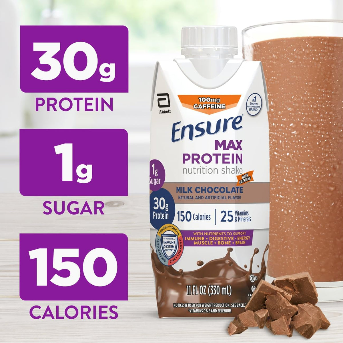 Ensure Max Protein Shake Milk Chocolate with Caffeine | 30g Protein, 11oz, 12 Pack