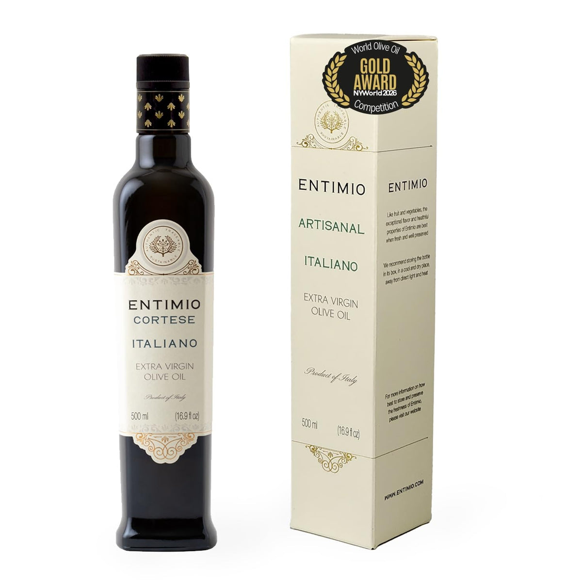 Entimio Cortese Organic Italian EVOO – 800+ mg/kg Polyphenols, 2026 Gold, Early Harvest, 16.9 fl oz