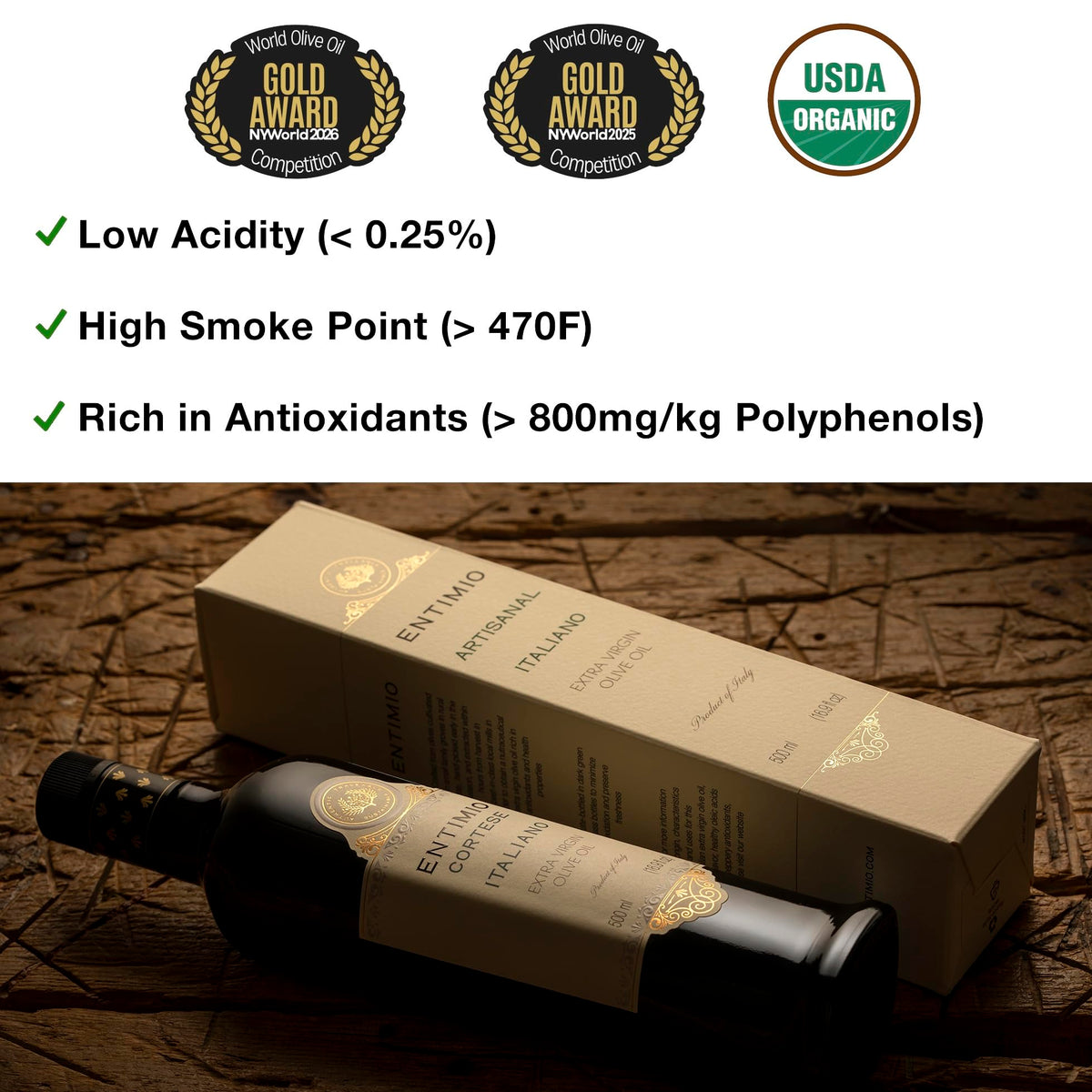 Entimio Cortese Organic Italian EVOO – 800+ mg/kg Polyphenols, 2026 Gold, Early Harvest, 16.9 fl oz