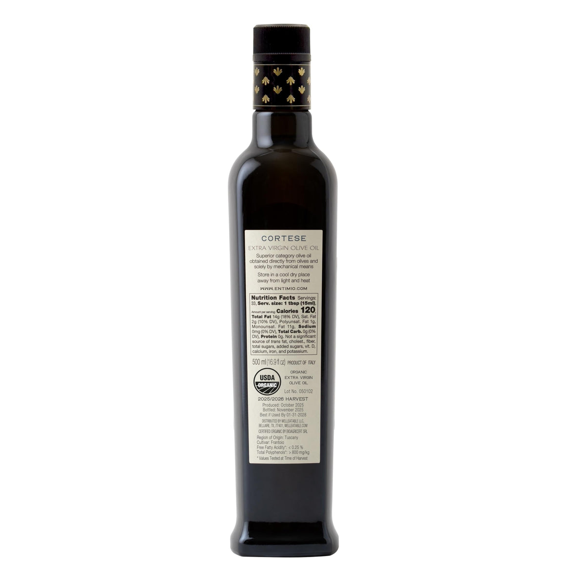 Entimio Cortese Organic Italian EVOO – 800+ mg/kg Polyphenols, 2026 Gold, Early Harvest, 16.9 fl oz