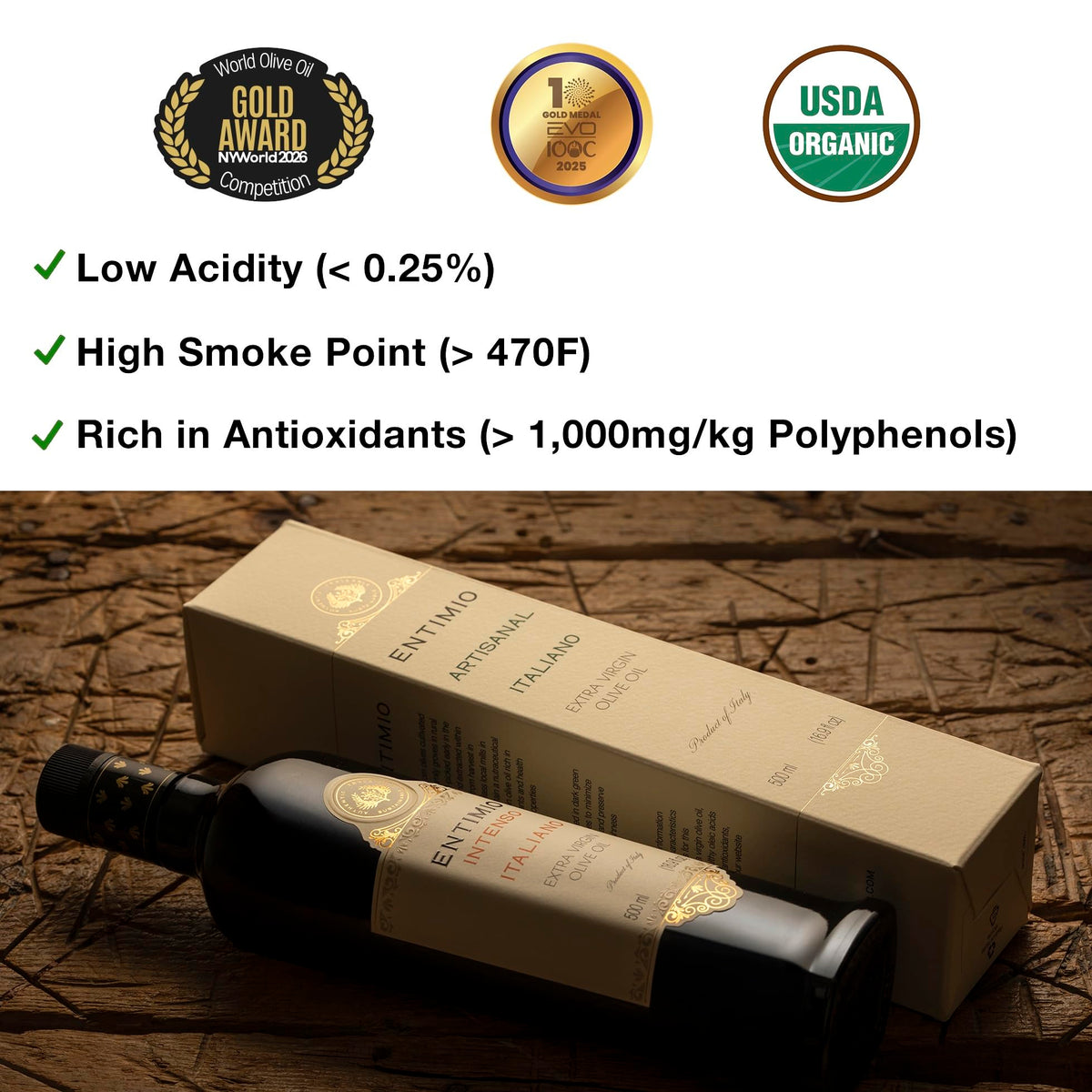 Entimio Intenso Organic Italian EVOO – 2026 NYIOOC Gold, Early Harvest Puglia, Cold Extracted, 16.9 fl oz