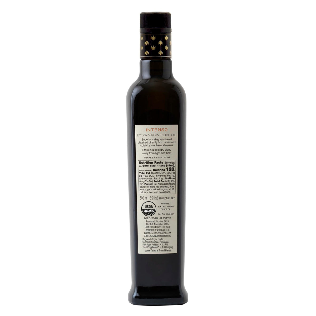 Entimio Intenso Organic Italian EVOO – 2026 NYIOOC Gold, Early Harvest Puglia, Cold Extracted, 16.9 fl oz