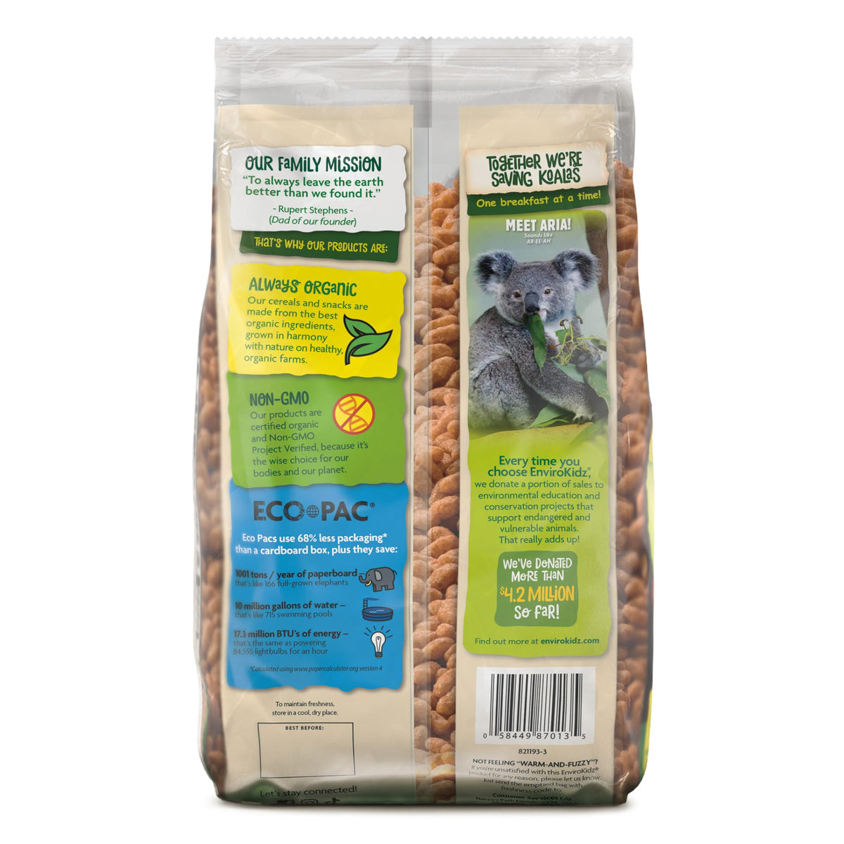 EnviroKidz Organic Koala Crisp Cereal – 25.6 oz Pack of 6, Gluten Free, Non-GMO, Fair Trade, ECO Pac