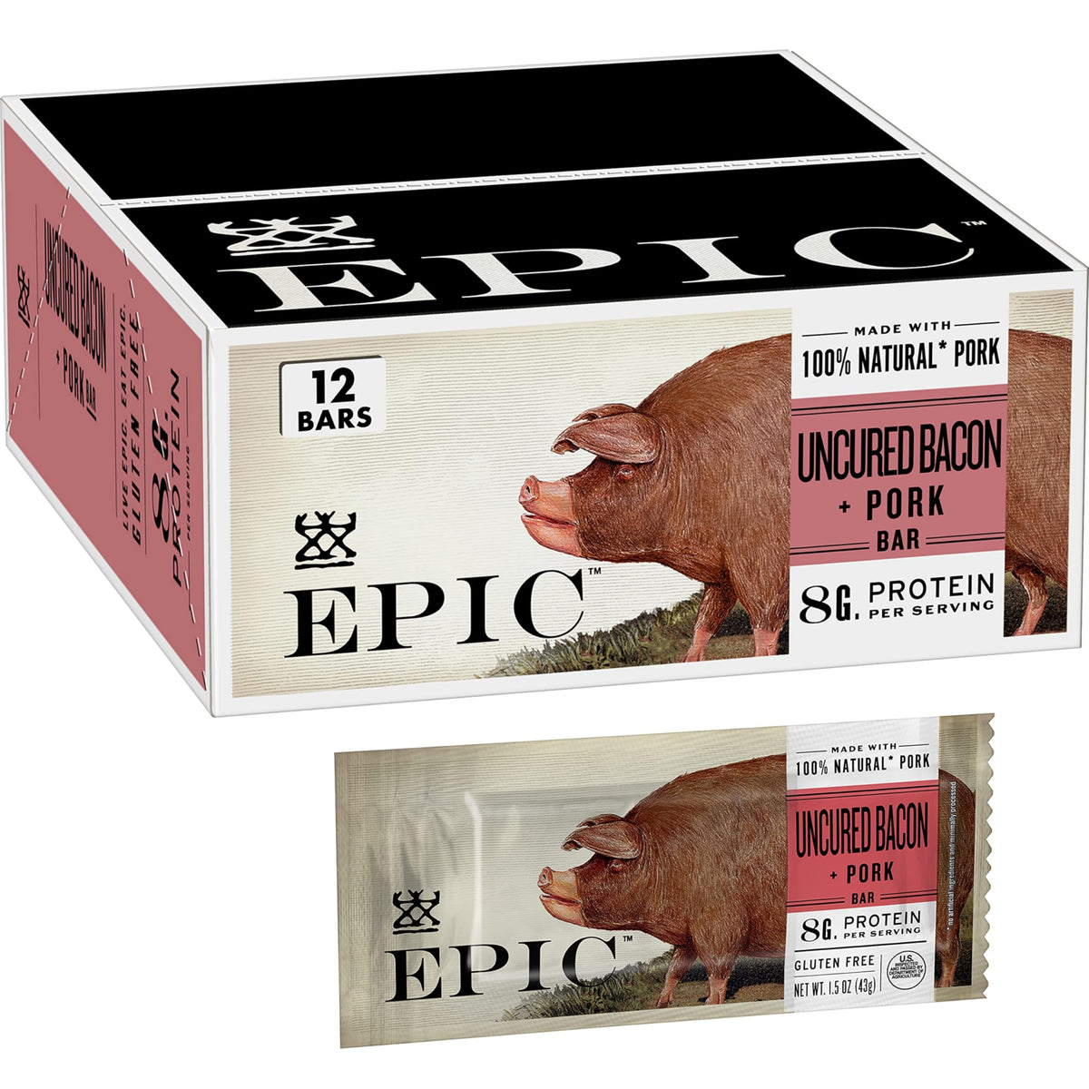 EPIC Uncured Bacon and Pork Bars – Paleo Protein Snack, 12 Bars, 18 oz