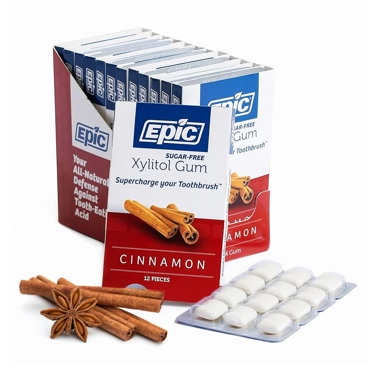 Epic 100% Xylitol Cinnamon Chewing Gum – Sugar Free & Aspartame Free (12 Pieces)