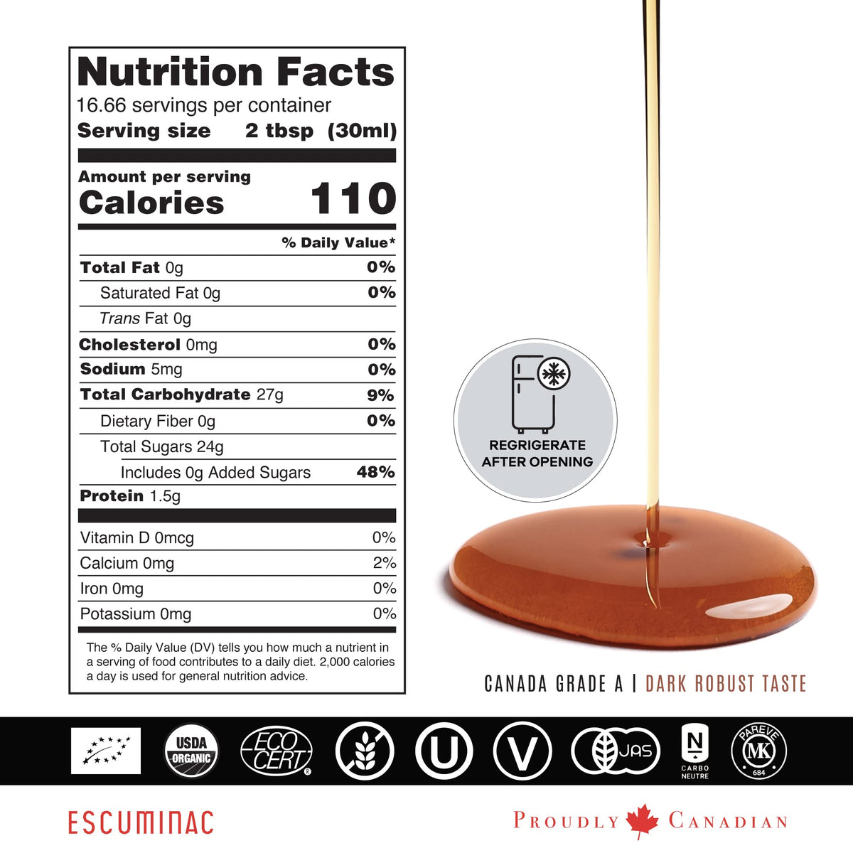 Escuminac Late Harvest Maple Syrup – Organic, Grade A, Dark Robust Flavor | 16.9 oz Glass Bottle | 100% Pure Canadian Syrup