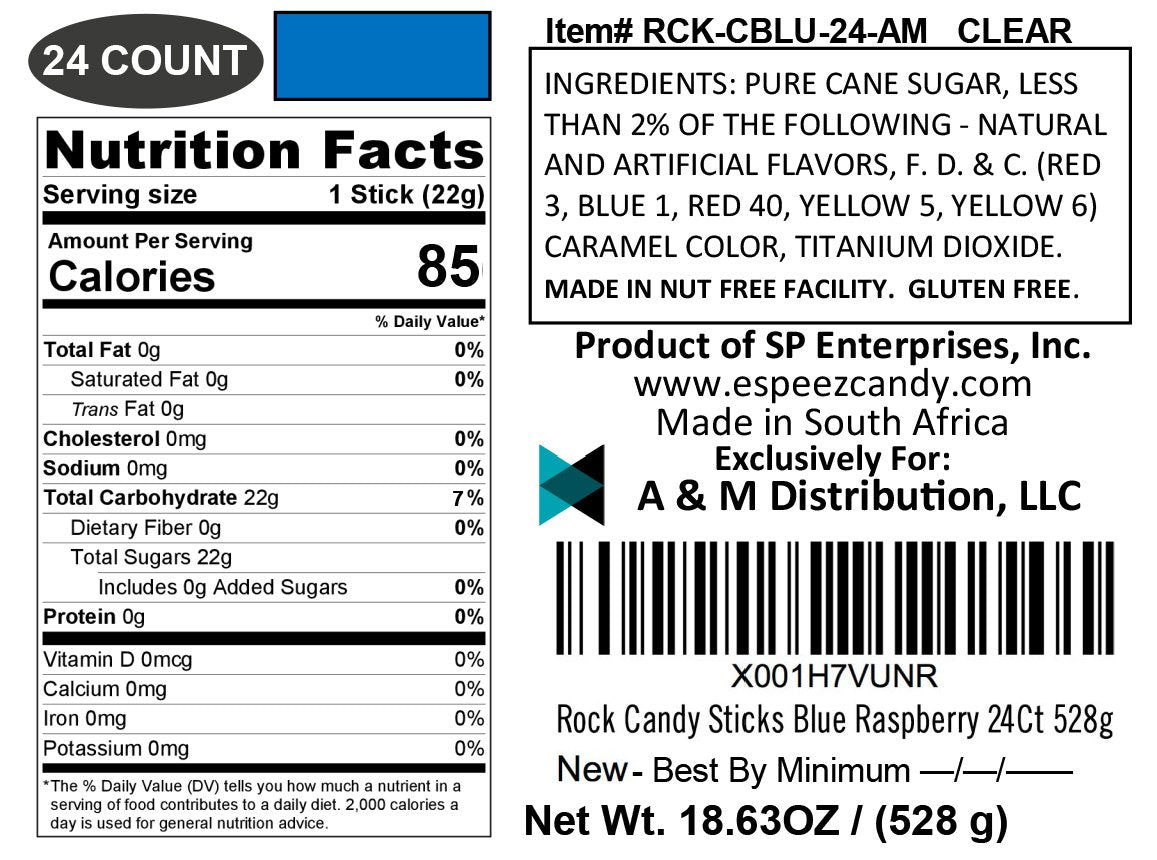 Espeez Extra Large Blue Raspberry Rock Candy Sticks — 24 Pack for Weddings & Parties, Individually Wrapped