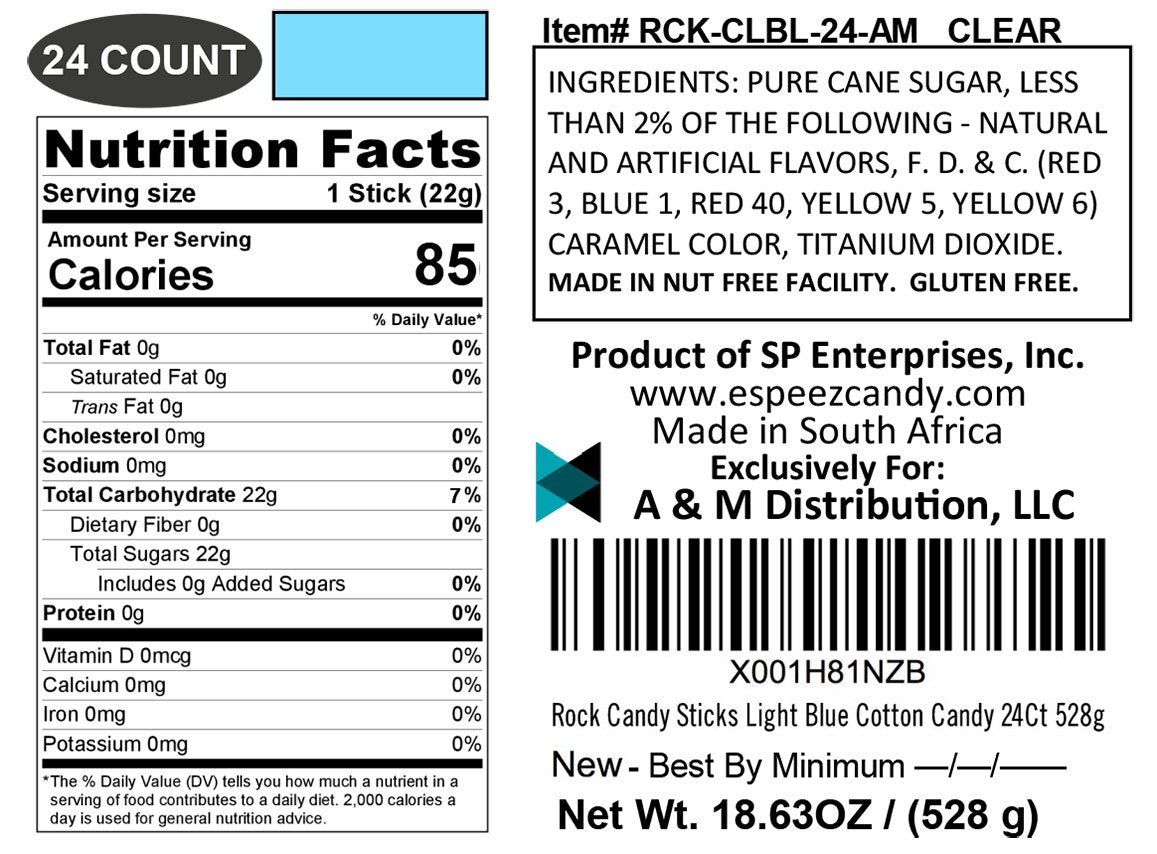 Espeez Extra Large Rock Candy Sticks - 24 Light Blue, 22 g Each, Individually Wrapped