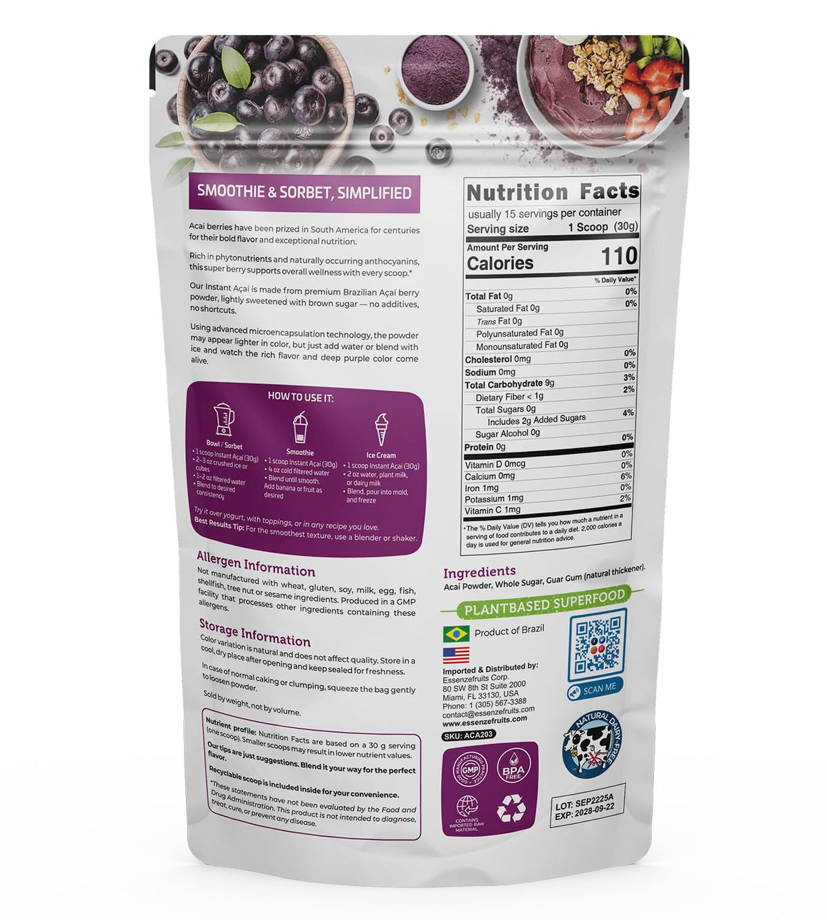 Essenzefruits Acai Powder – Non-GMO Berry Blend for Smoothies & Bowls | 1 lb / 454 g