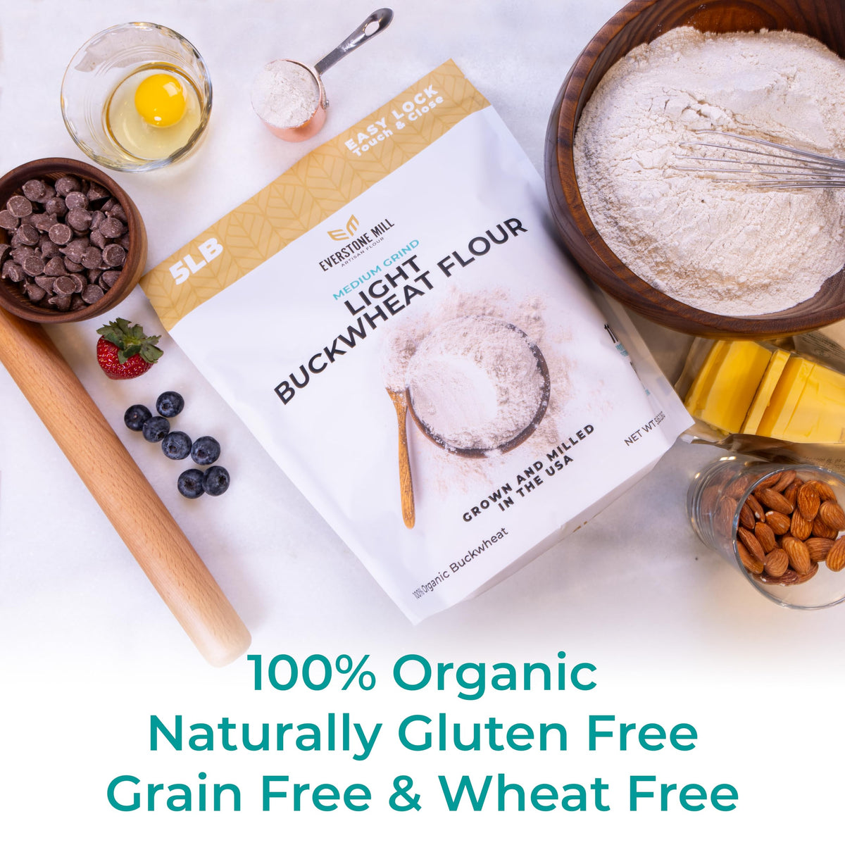 Everstone Mill Buckwheat Flour — Organic 5 Lbs, Light/White, Medium Grind | Gluten-Free & Non-GMO