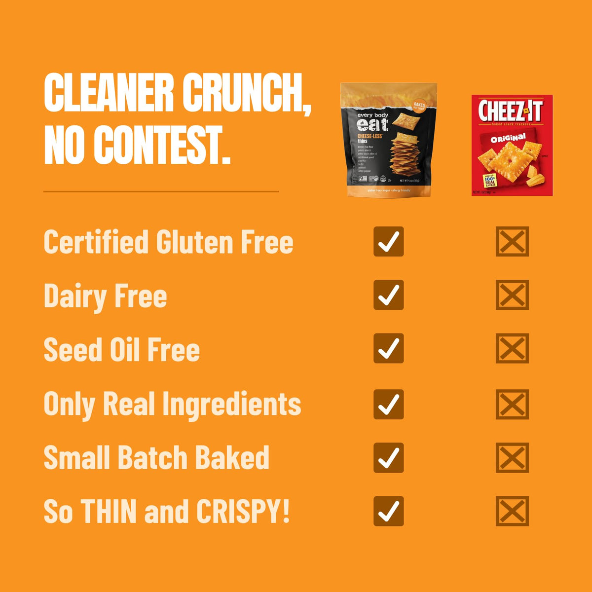 Every Body Eat Gluten Free Crackers – Dairy-Free Cheddar Style Vegan Snacks, Seed Oil Free (Pack of 6, 4 oz Bags)